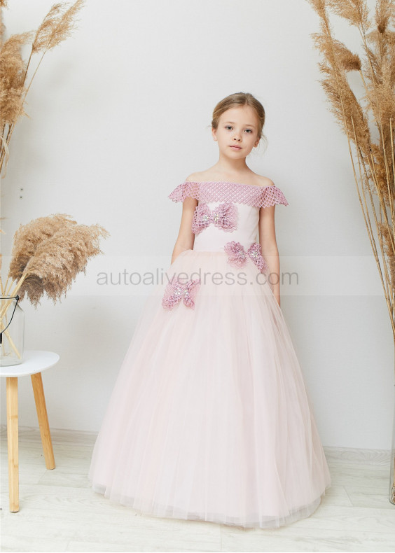 Off Shoulder Blush Pink Lace Tulle Corset Back Flower Girl Dress